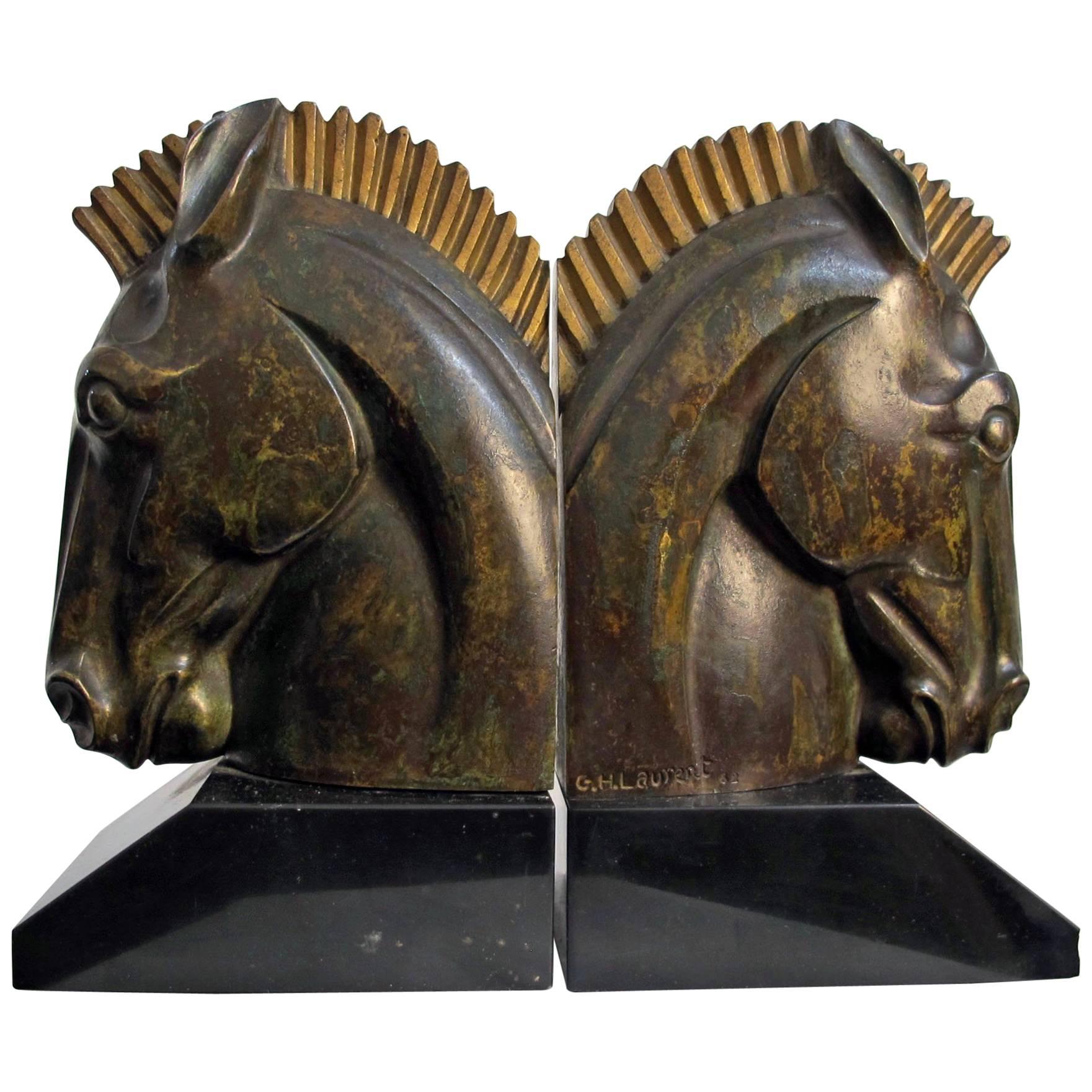 Art Deco Bronze Horse Head Bookends Signed G. H. Laurent