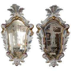 Pair of Antonibon Ceramic Hand Painted Mirrors with Etched Glass 2