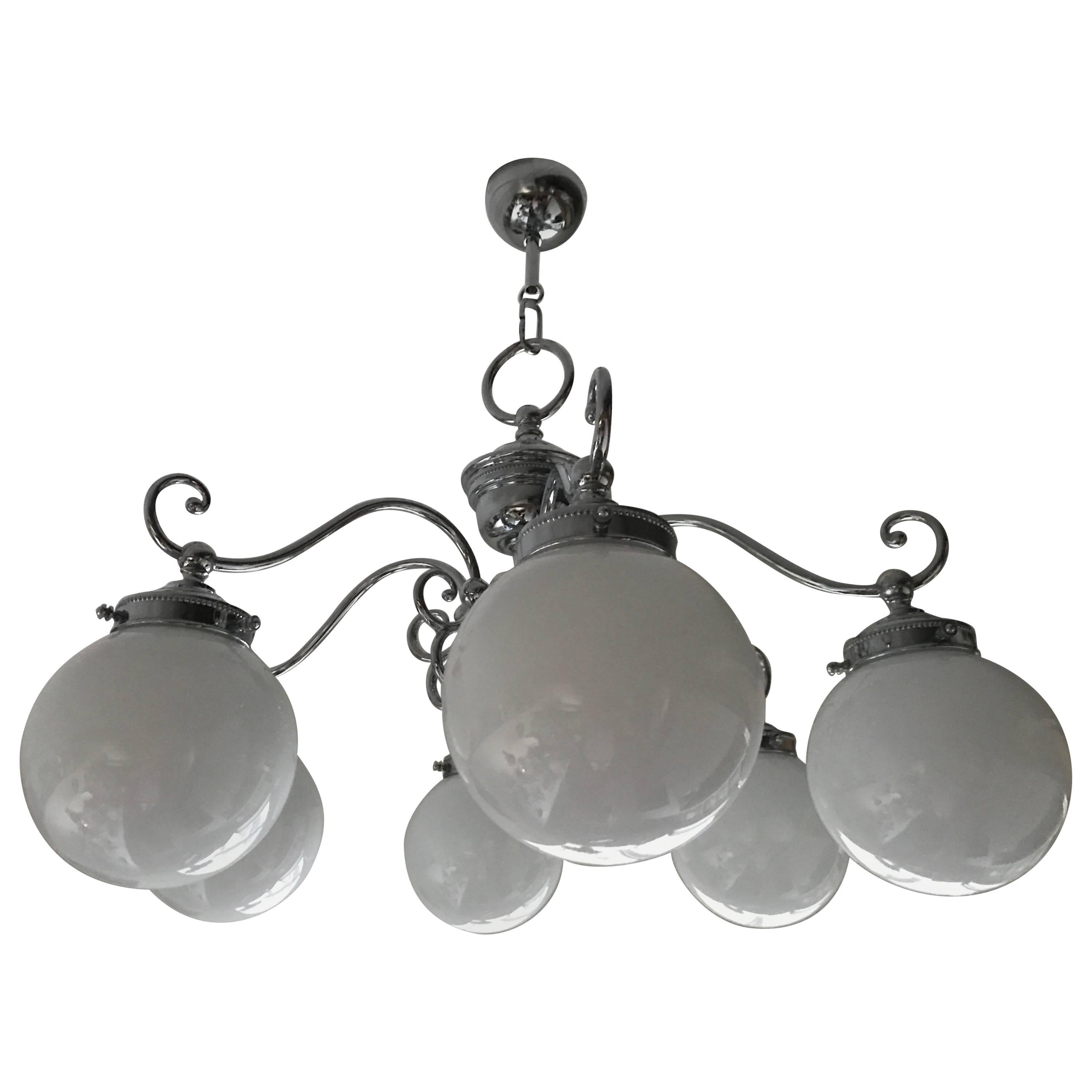 Mid-20th Century Swedish Art Deco Style Chrome and Glass Six-Bulb Chandelier For Sale