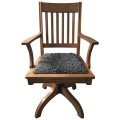 1925, Swedish Tiltable Oak Office Chair with Faux Sheep Fur