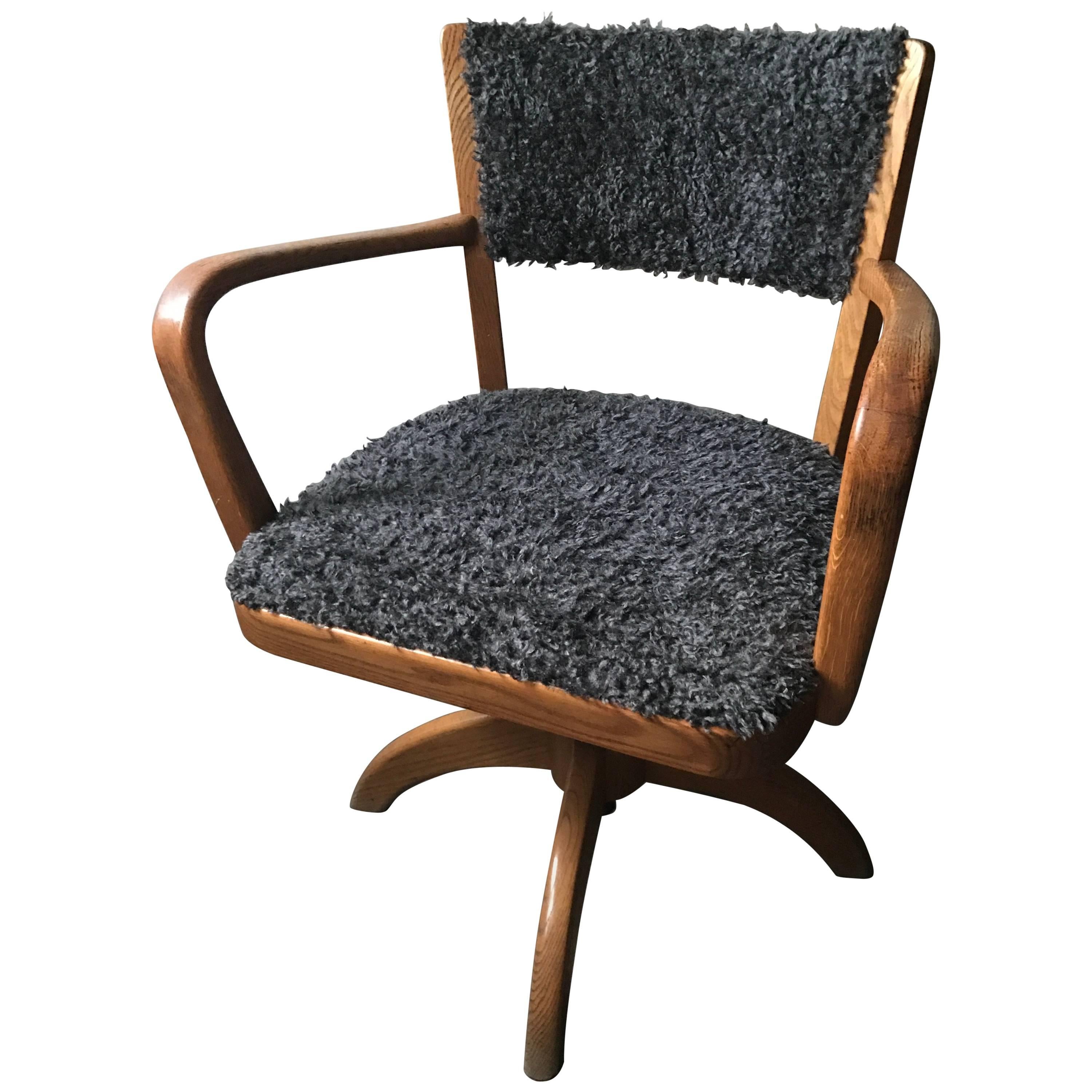 1930 Swedish Art Deco Tilt-Table Oak Office Chair with Seat of Faux Sheep Fur For Sale