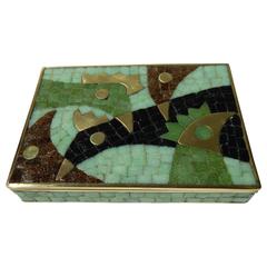 Salvador Teran Hand Wrought Mexican Brass & Mosaic Box, Chicken Motif, 1950s
