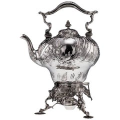 Antique 19th Century Victorian Silver Massive Tea Kettle Stand and Burner, circa 1855