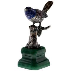 Antique 20th Century Austrian Solid Silver Gem Set & Enamelled Bird Statue