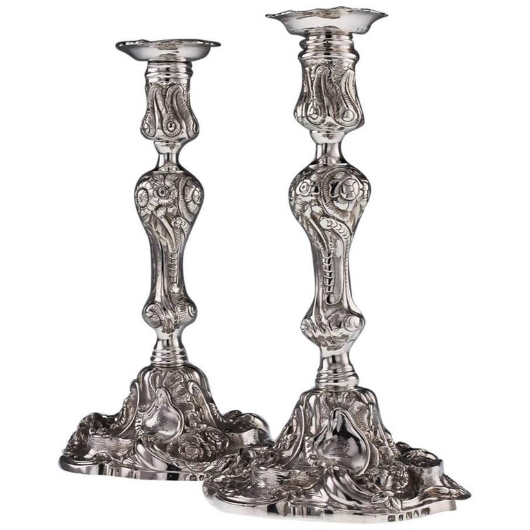 Antique Solid Silver Pair of Cast Candlesticks, E Farrell, circa 1815 at 1stDibs