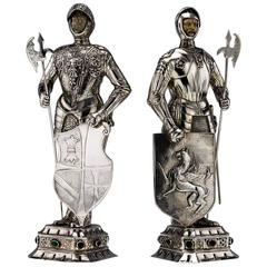 Vintage 20th Century, German Solid Silver Pair of Massive Knight Figures