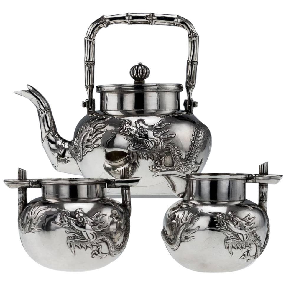 19th Century Chinese Export Solid Silver Dragon Tea Set, Wing Cheong, circa 1890