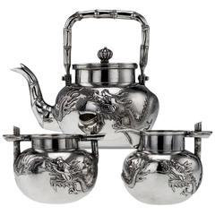 Antique 19th Century Chinese Export Solid Silver Dragon Tea Set, Wing Cheong, circa 1890