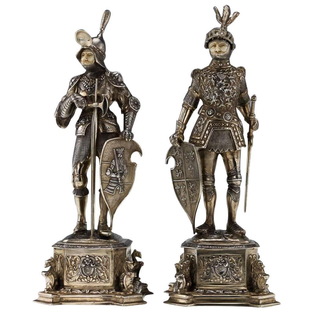 Antique 20th Century, German Solid Silver Pair of Large Knight Figures, Hanau