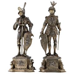 Vintage 20th Century, German Solid Silver Pair of Large Knight Figures, Hanau