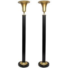 1930s Pair of Brass and Steel Torchiere Floor Lamps