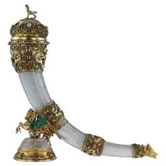 Antique 19th Century Austrian Silver Gilt, Rock Crystal & Enamel Hunting Horn