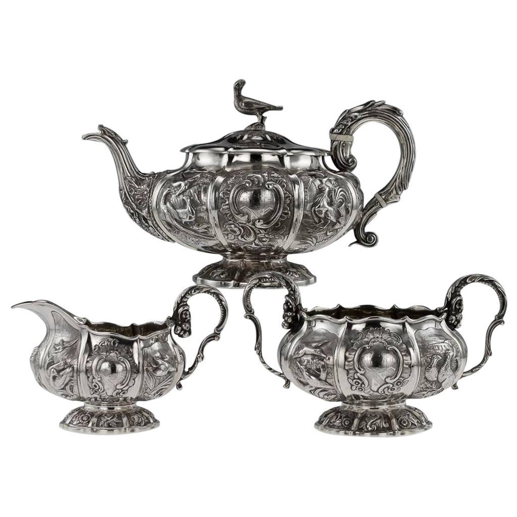 19th Century Regency Silver Three-Piece Pheasant Tea Set London, circa 1824