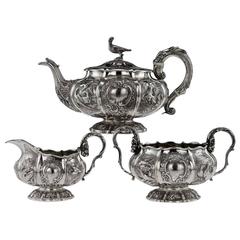 Antique 19th Century Regency Silver Three-Piece Pheasant Tea Set London, circa 1824