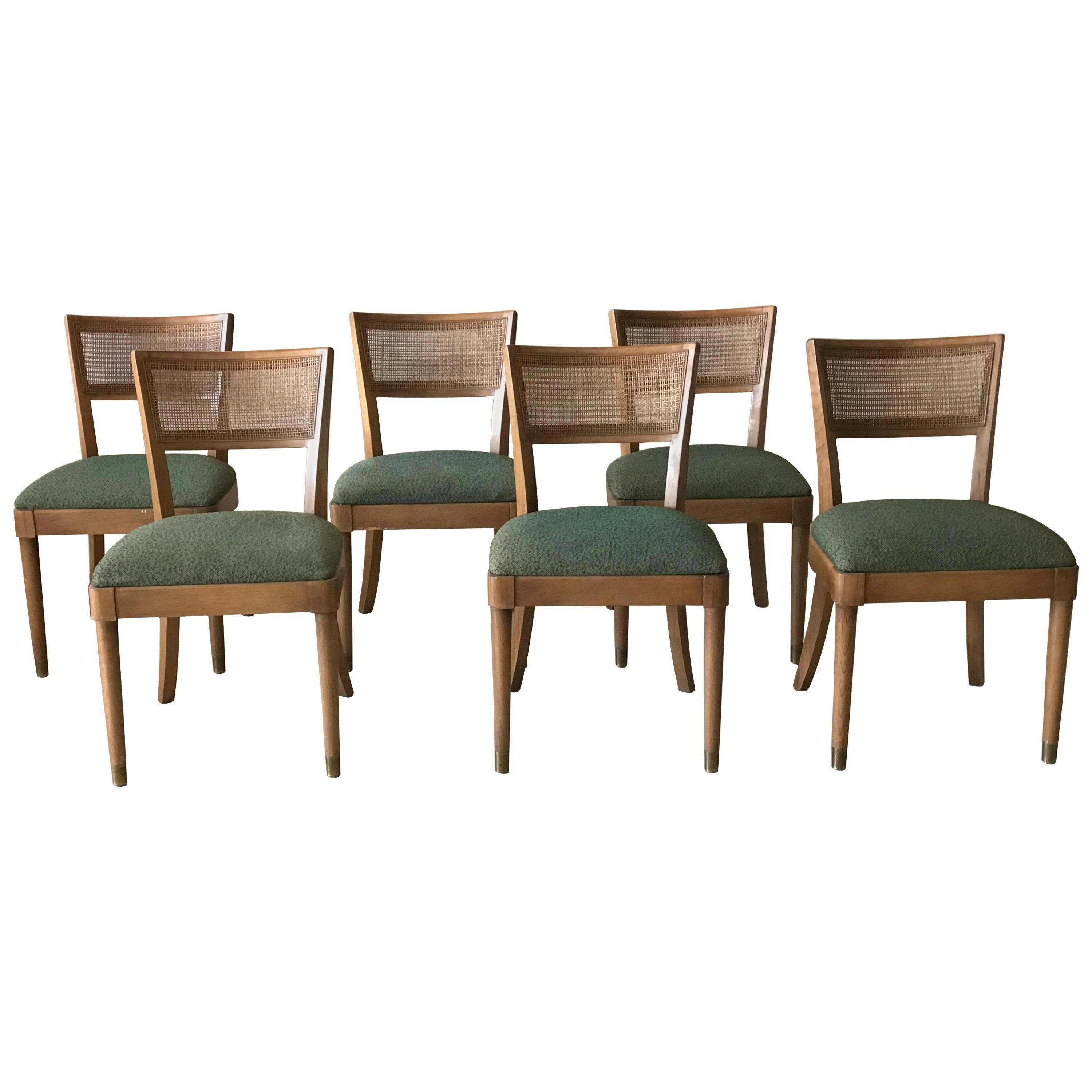 1960s Drexel Walnut Dining Chairs with Cane Backing and Green Fabric, Set of Six