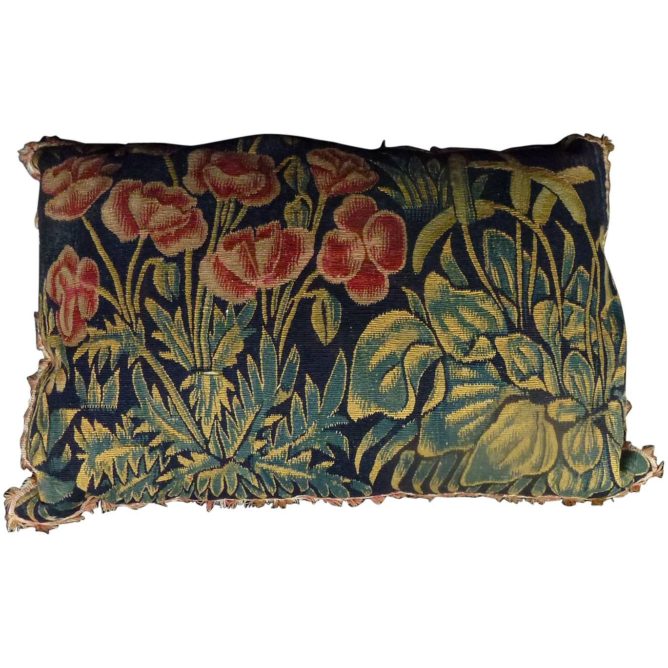 Tournai Gothic Silk and Wool Tapestry Floral Pillow of Rectangular Form