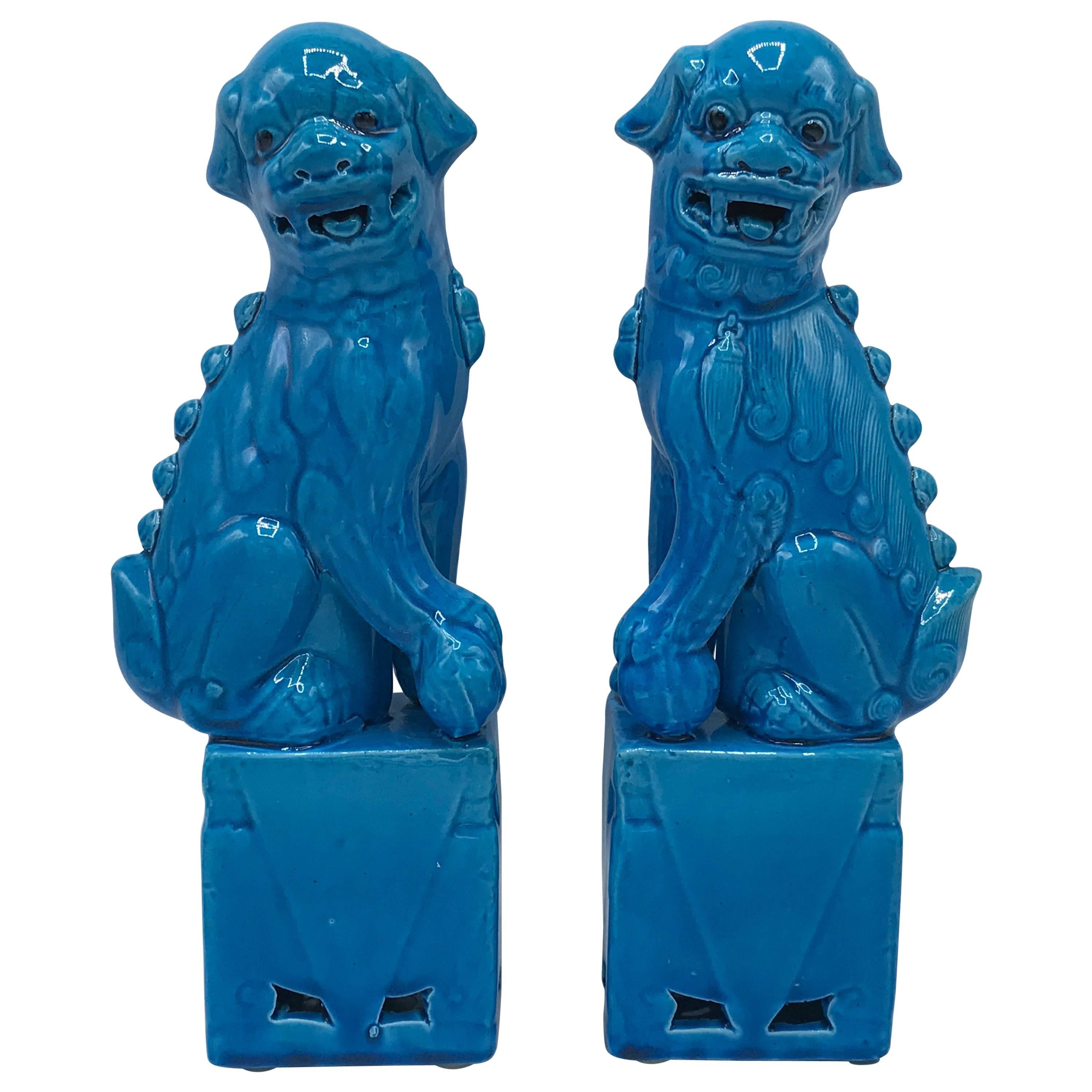 1970s Turquoise Glazed Foo Dogs, Pair