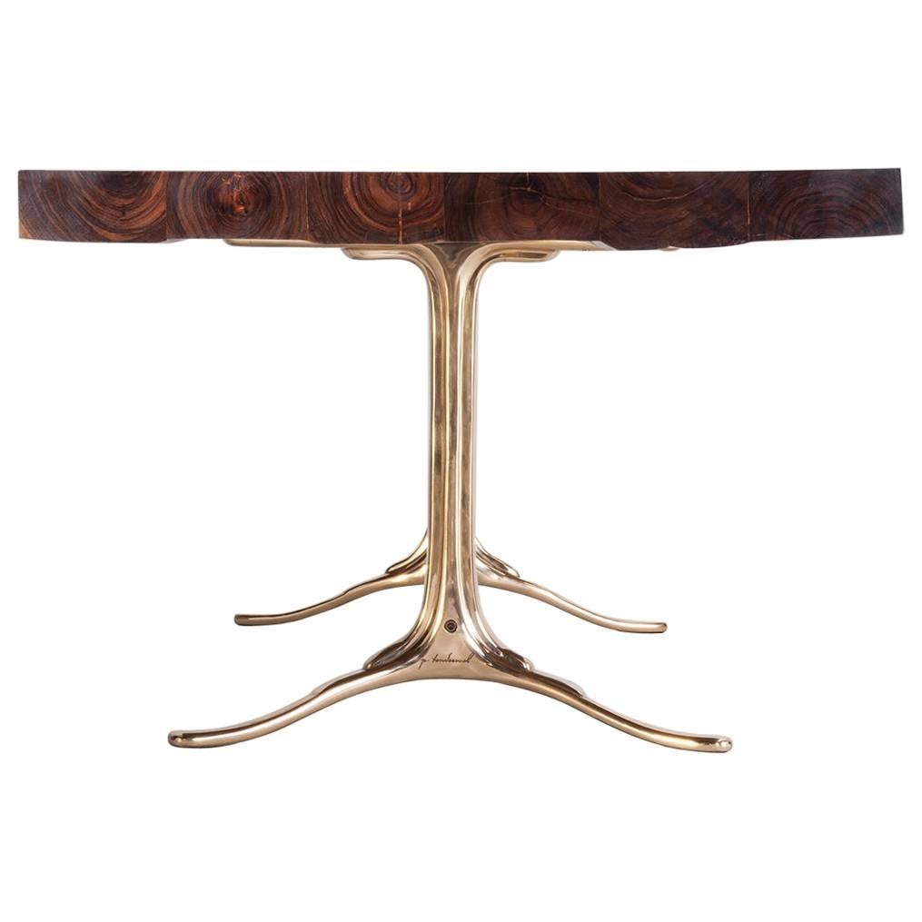 Bespoke Reclaimed Hardwood Table with Bronze Polished Base, by P. Tendercool For Sale