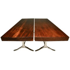 Pair of Tables, Antique Hardwood on Sand-Cast Aluminum Base, by P. Tendercool