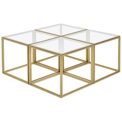 Cubist Set of Four Brass Low Tables and Transparent Glass Tops, by P. Tendercool