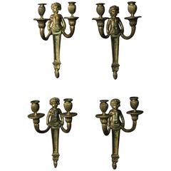 English Set of Four Gilded Bronze Cherub Antique Sconces