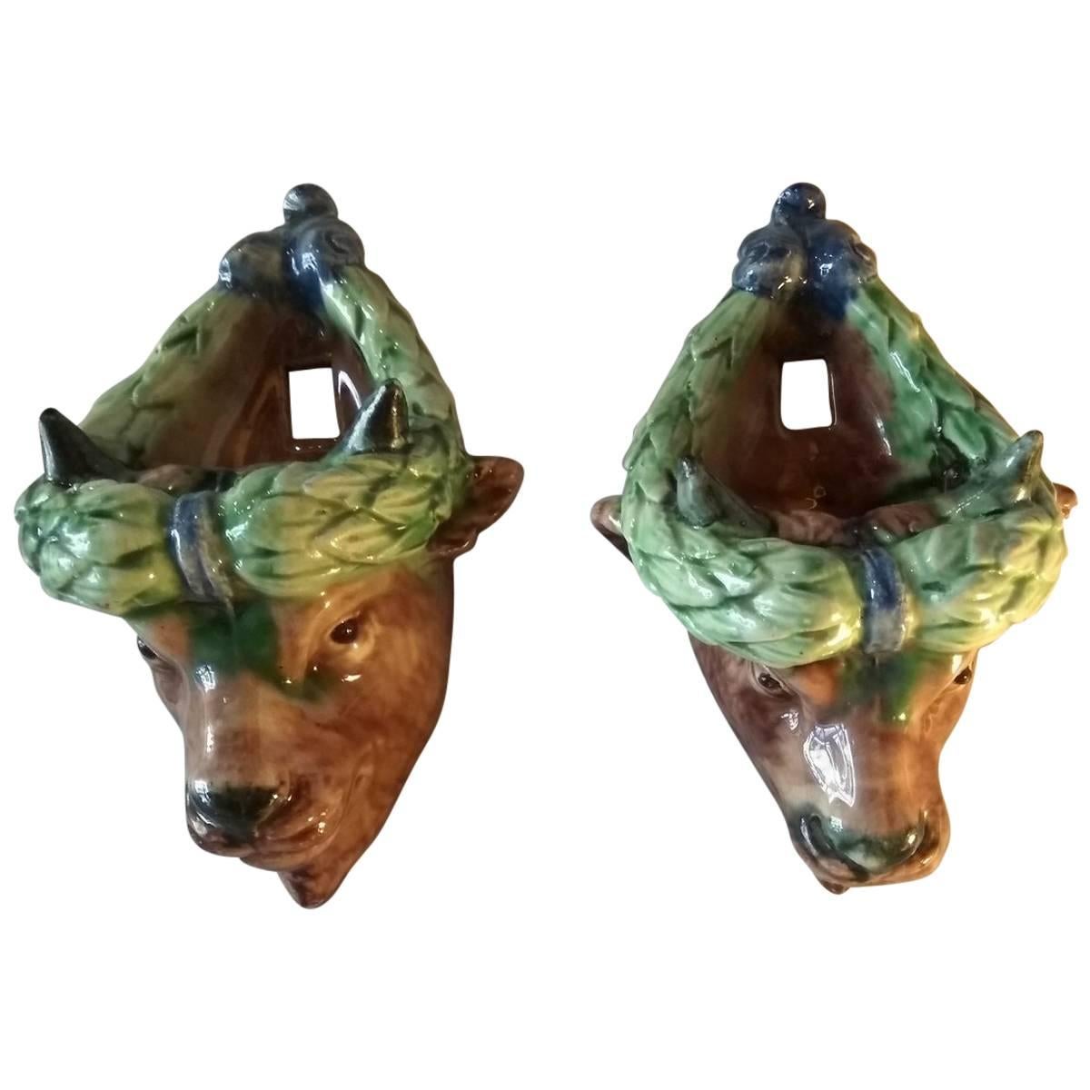 Thomas Victor Sergent Pair of Bull's Head Palissy Ware, circa 1880 For Sale
