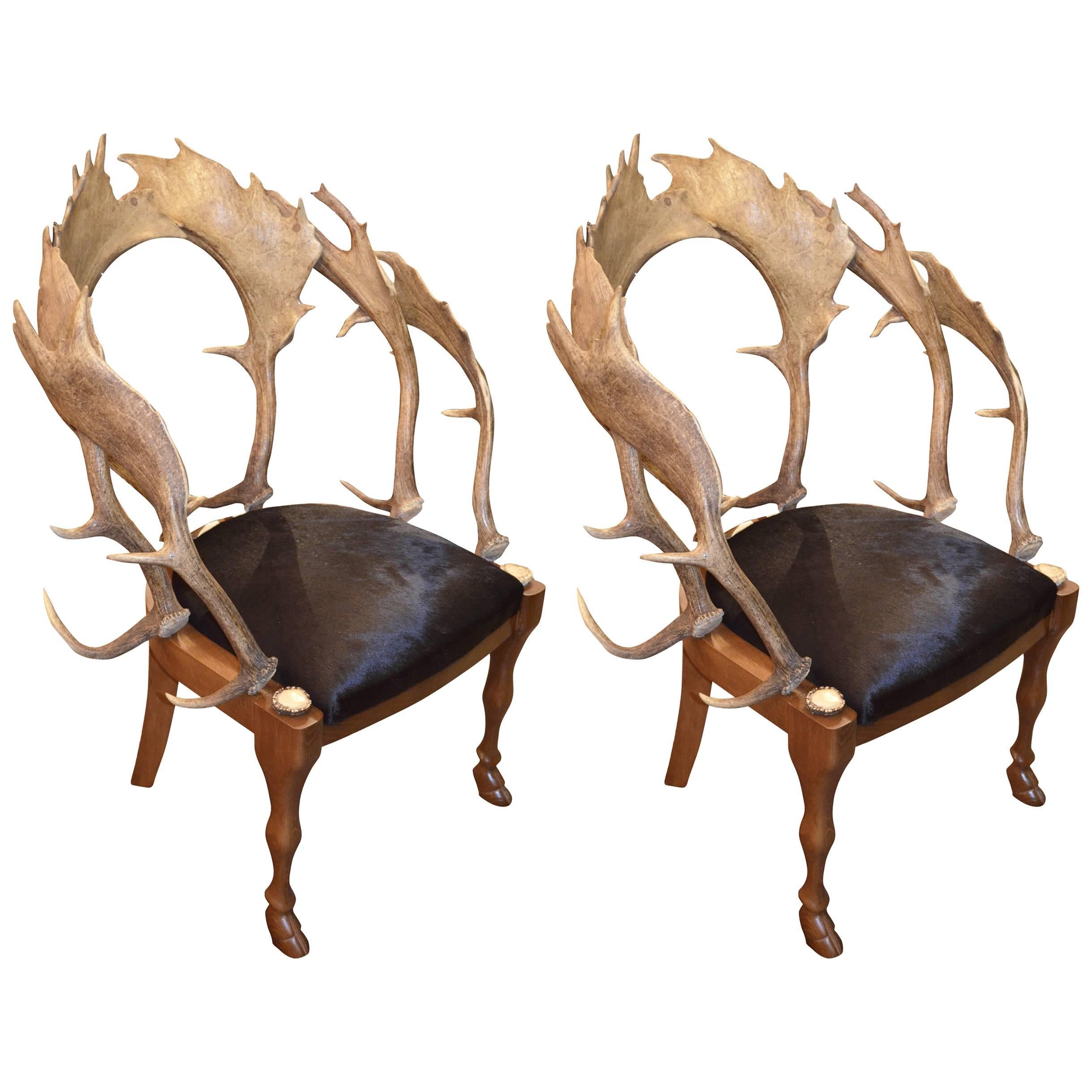 Anthony Redmile Continental Fallow Deer Antler Chairs with Cow Hide Seat For Sale