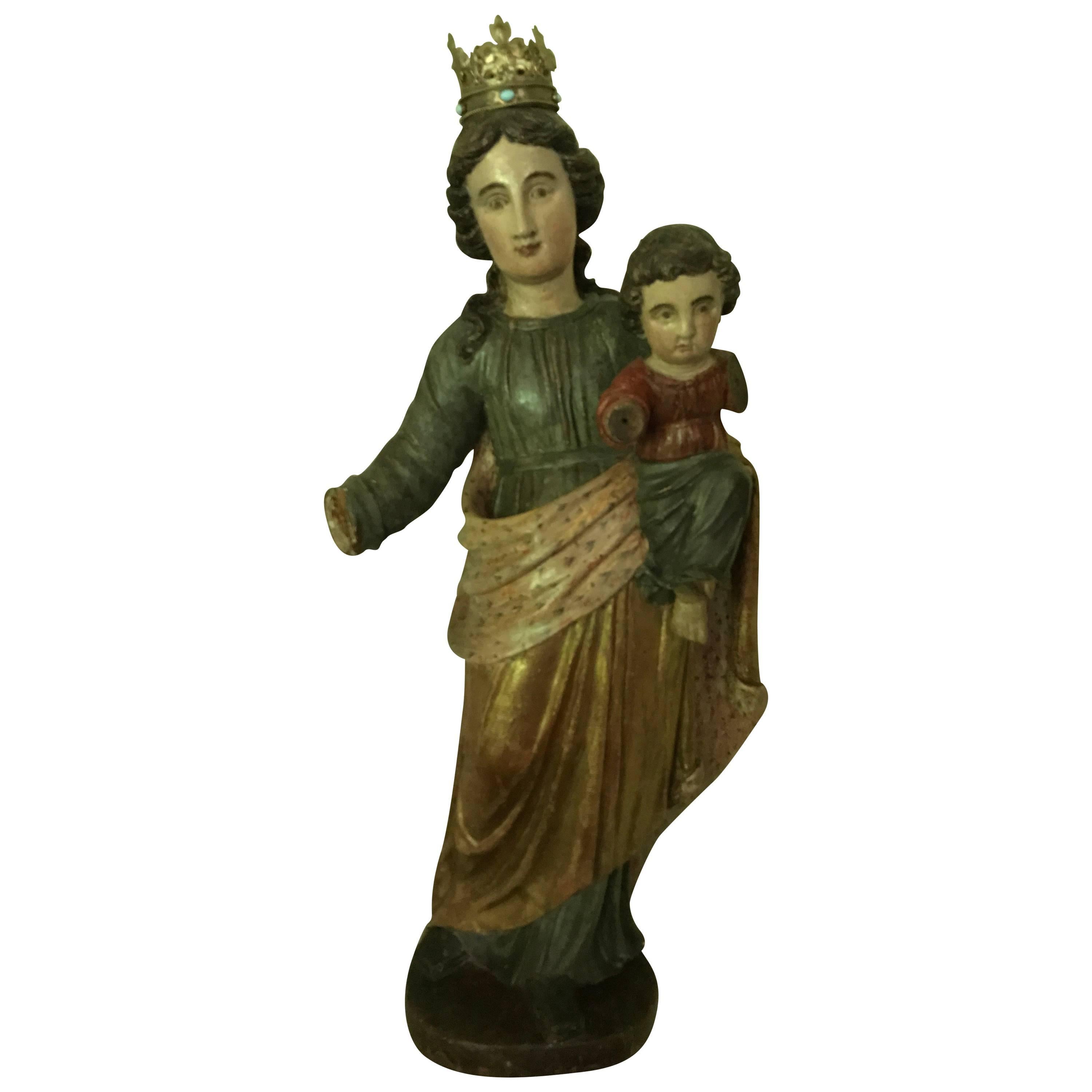 Statue of H.Maria and Child Jezus, 17th-18th Century, Polychrome Limewood For Sale