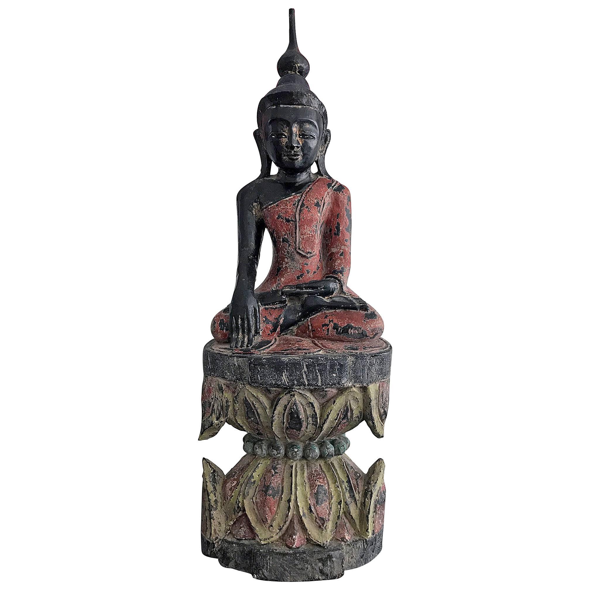 Antique Polychrome Buddha on Lotus Throne