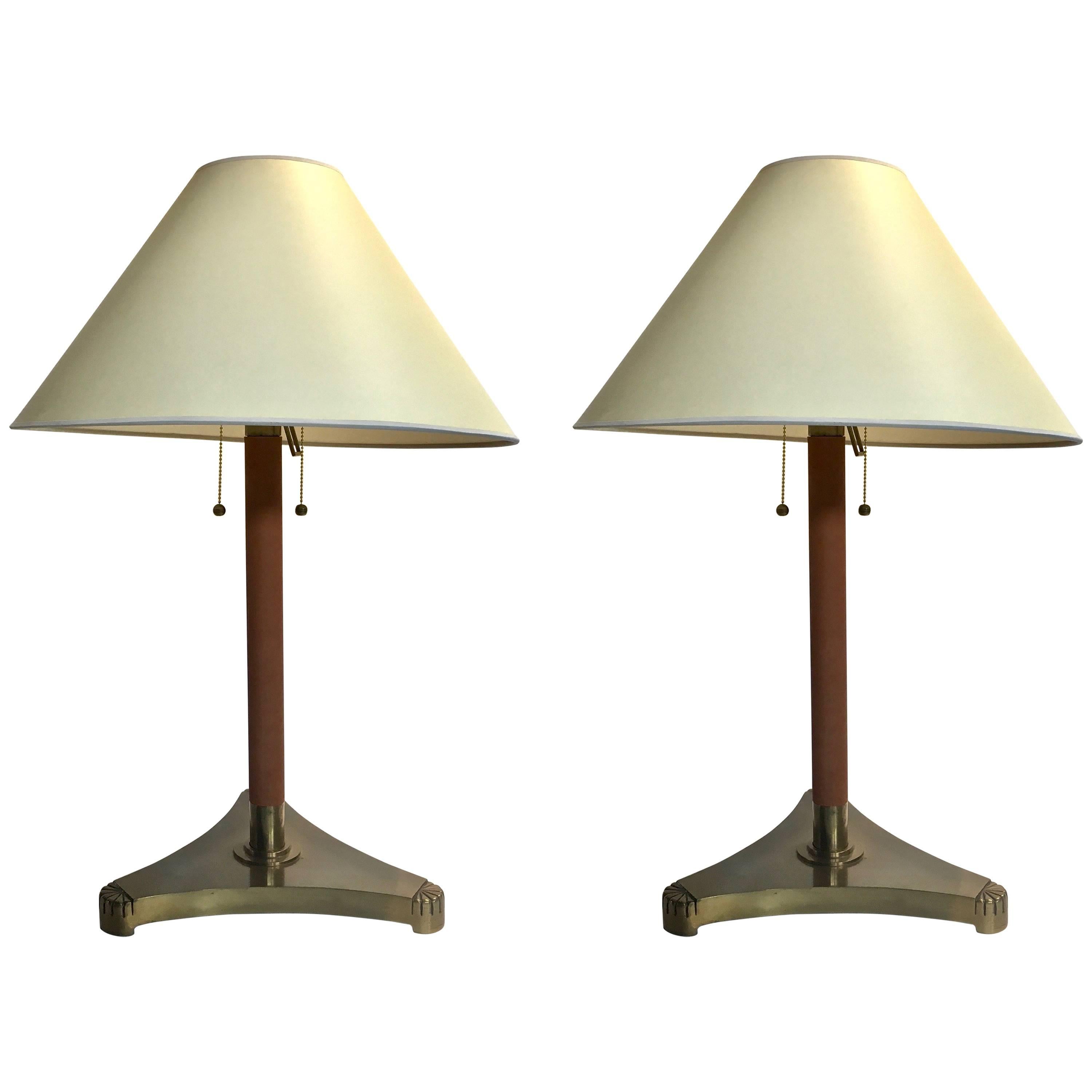 Pair of Brass and Leather Wrapped Extendable Table Lamps, Manner of Adnet