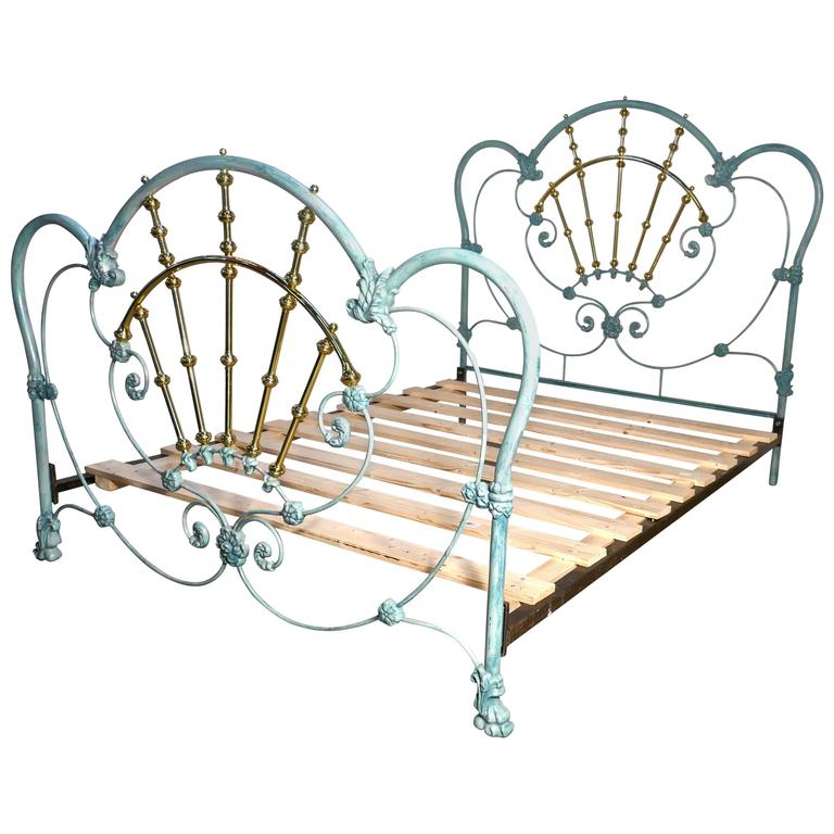 Blue Enamel Iron And Brass Double Bed, Hollywood Style Metal Bed Frame
