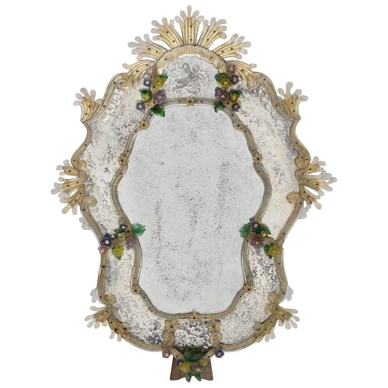 Mid Century Modern Vintage Wall Mirror with Multicolored Glass Flower 1950 Italy For Sale at 1stdibs