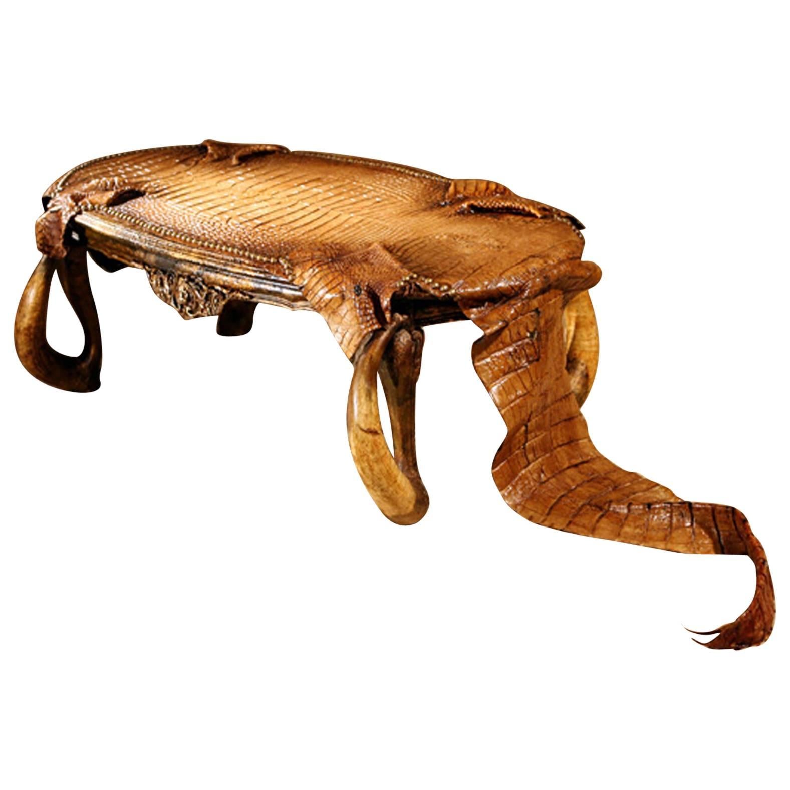 Cayman Coffee Table with Alligator Skin and Zebu Horns For Sale