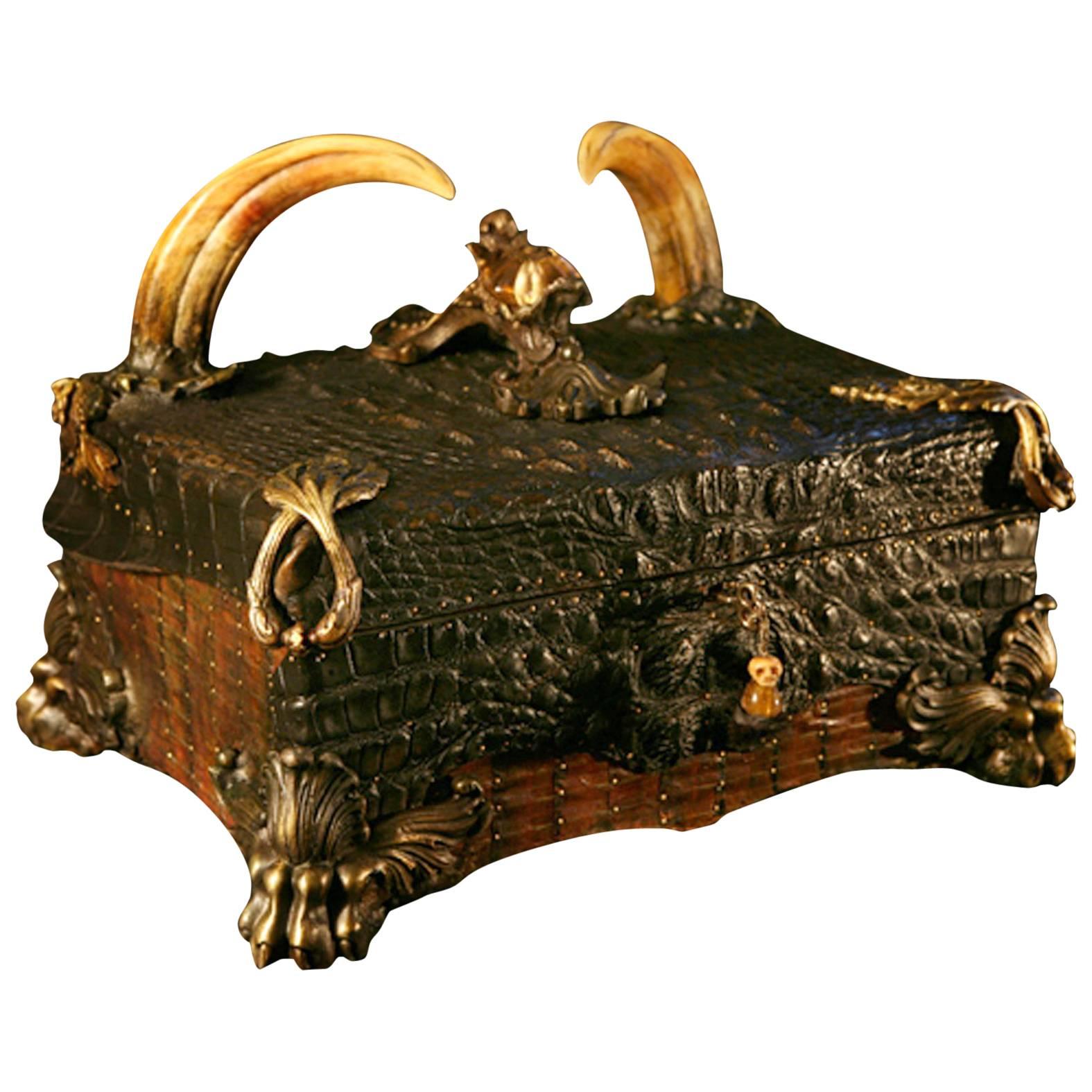 Crocodile Cigar Box with Alligator Skin and Wartog Teeth and Cedar Wood For Sale