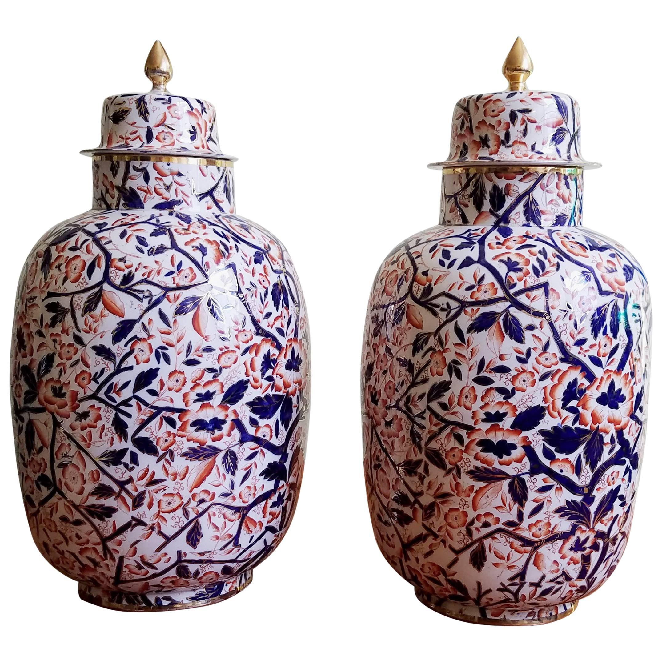 English Pottery Large Imari Vases and Covers, circa 1860-1880