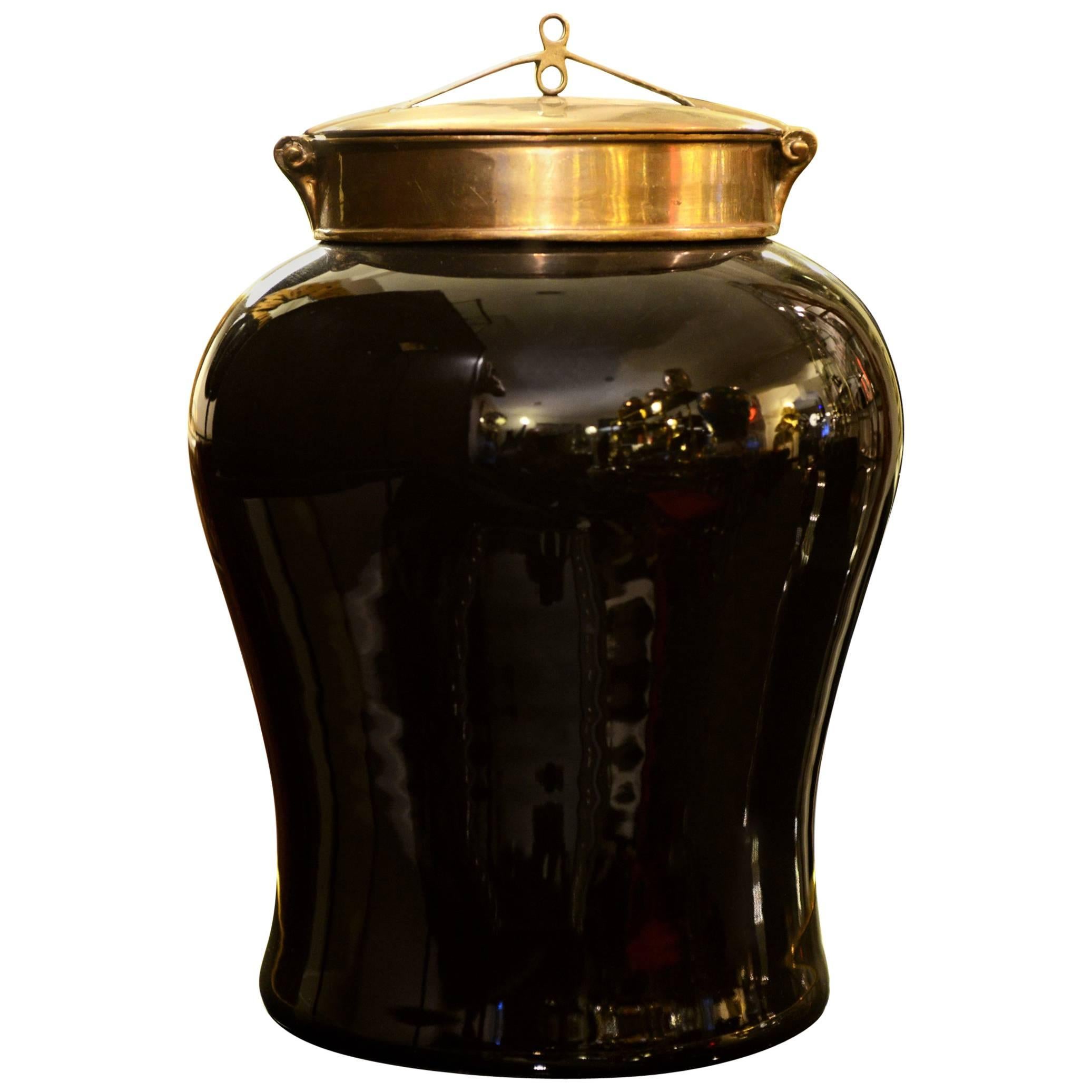 Indo Tea Jug in Black Ceramic and Brass Top For Sale