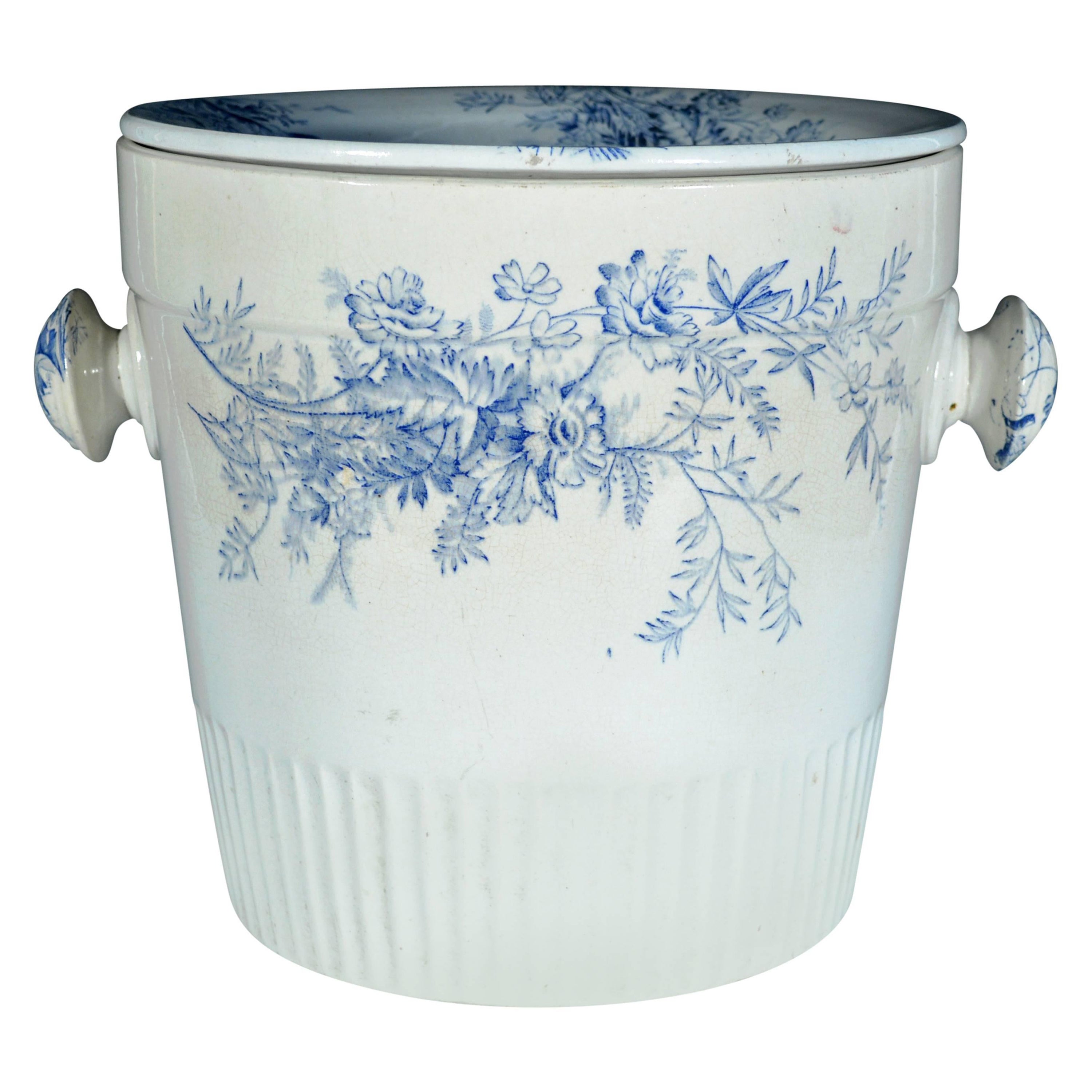 Blue and White Floral Pottery Covered Pil and Cover, Vera Pottery For Sale