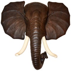 Elephant Head Sculpture in Waxed Teak Wood from Indonesia