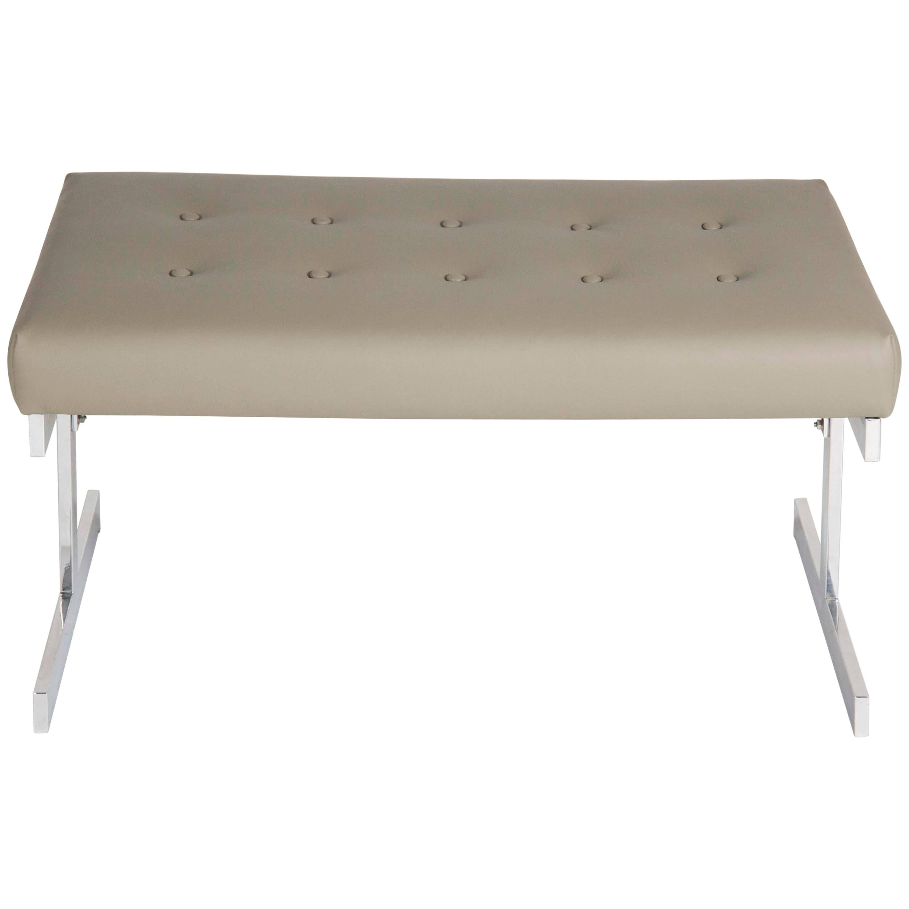 Polished Aluminium Leather Top Bench in the Manner of Milo Baughman