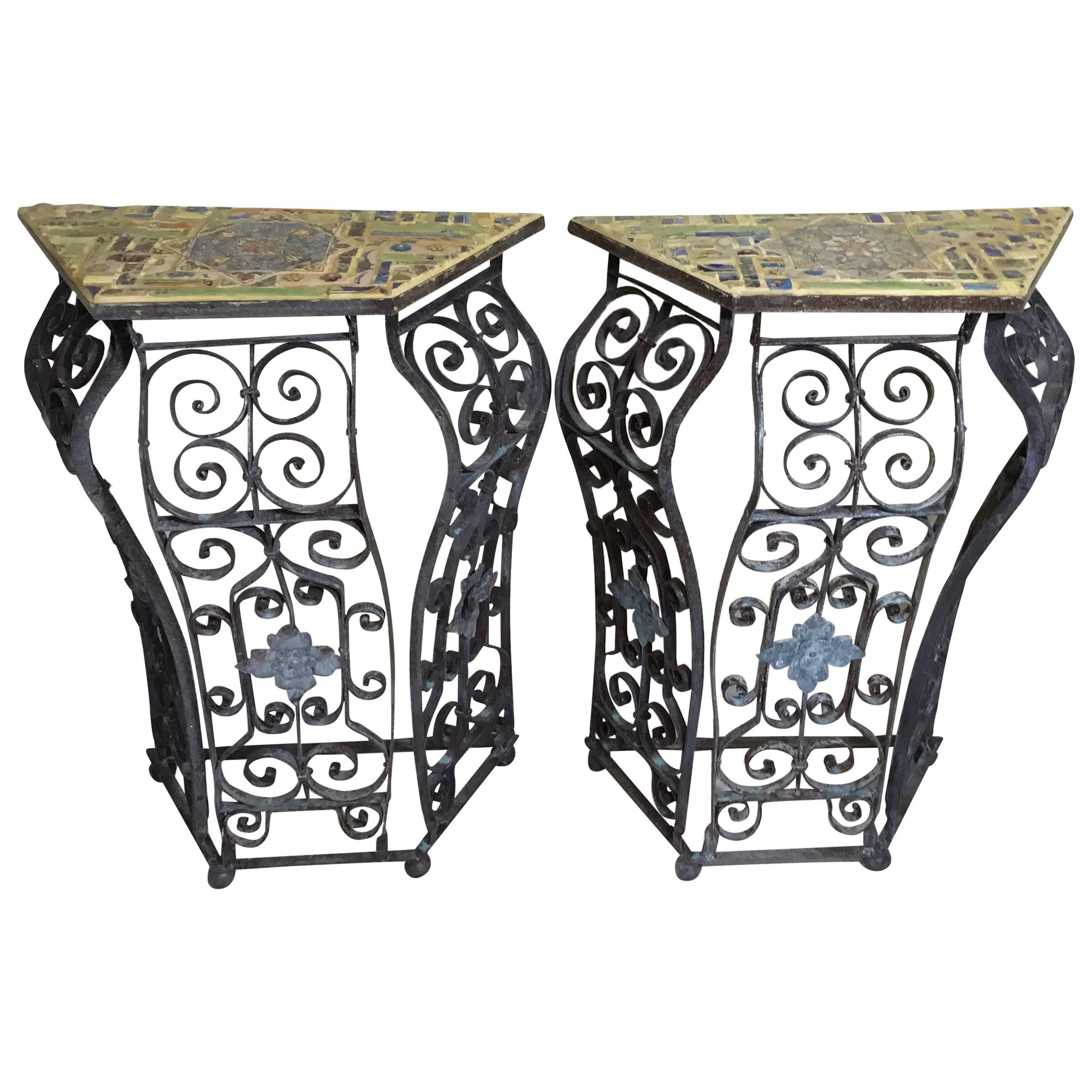 Pair of Artistic Iron and Ceramic Tile Consol For Sale