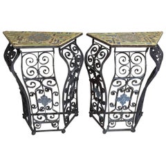 Used Pair of Artistic Iron and Ceramic Tile Consol