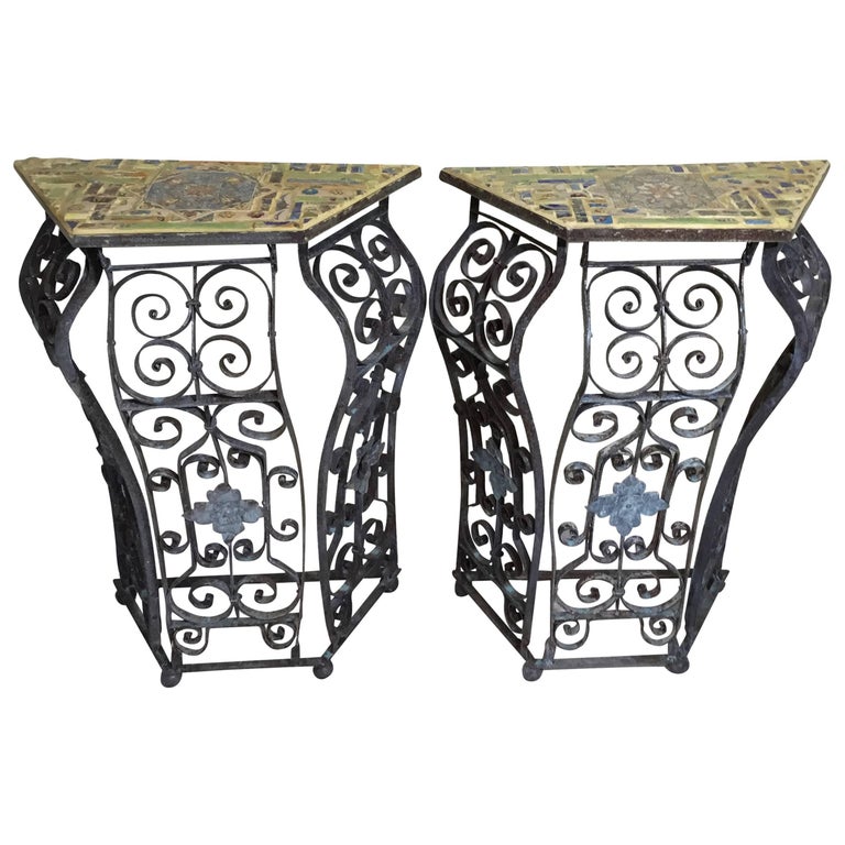 Pair of Artistic Iron and Ceramic Tile Consol For Sale at 1stDibs