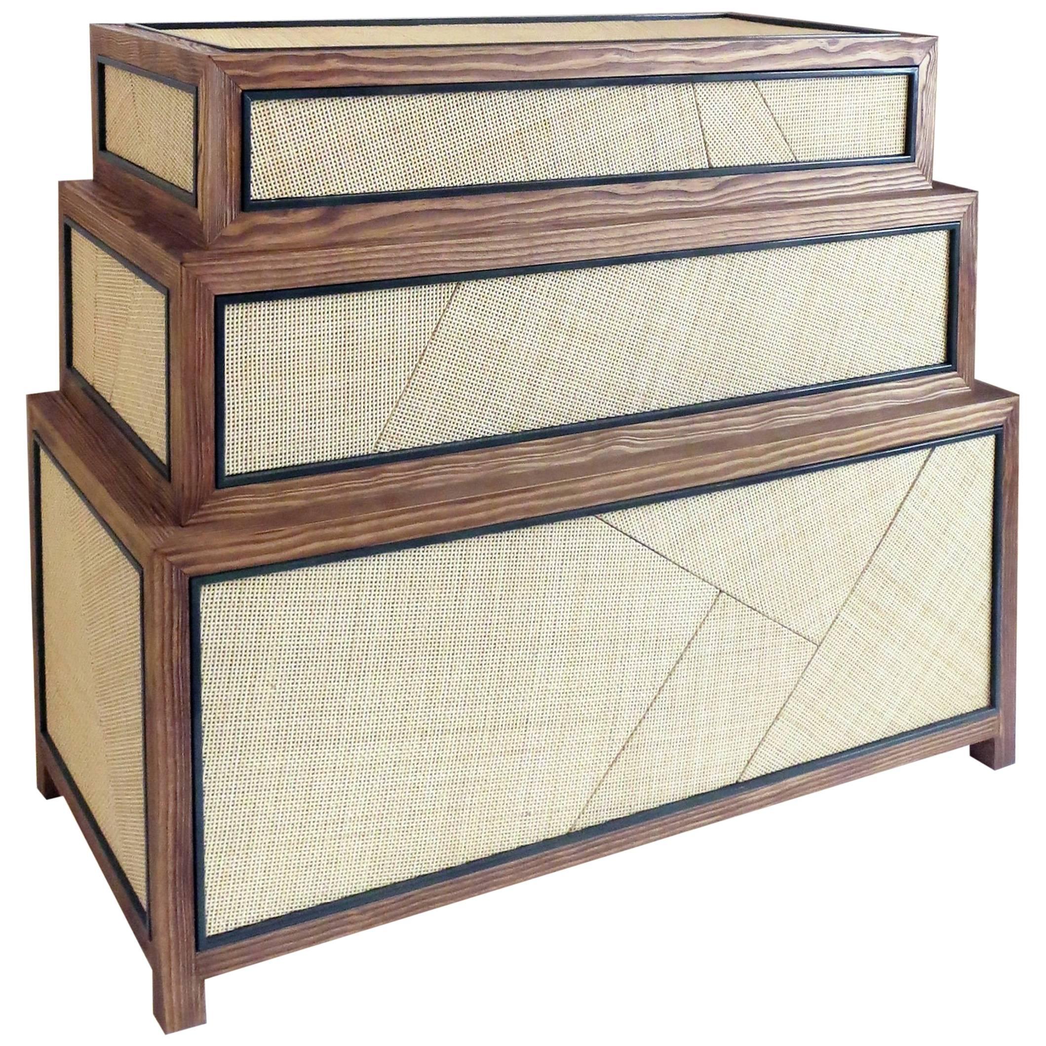 Suduca & Merillou Chest of Drawers, Woven Cane and Brushed Pine Wood For Sale