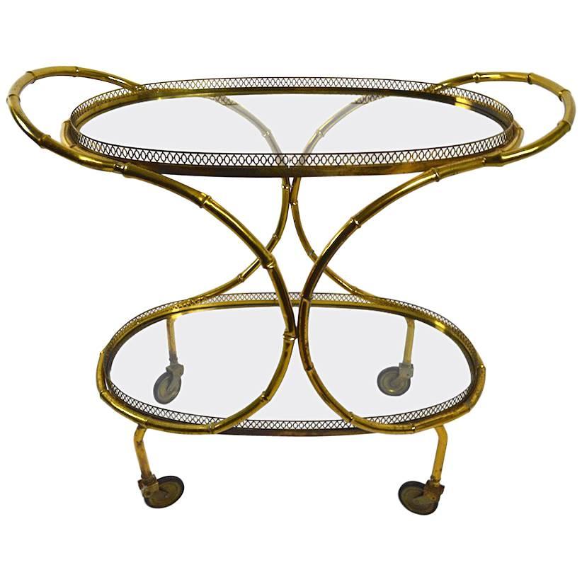Faux Bamboo Serving Cart, Trolley in Brass and Glass