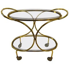Retro Faux Bamboo Serving Cart, Trolley in Brass and Glass
