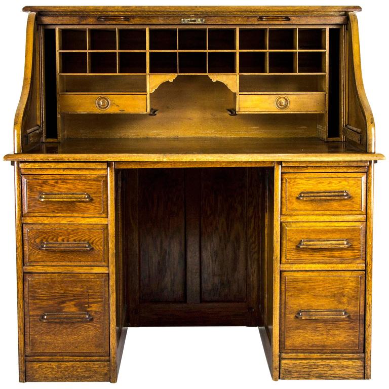 Antique Oak Roll Top Desk Double, Antique Oak Roll Top Desk Value