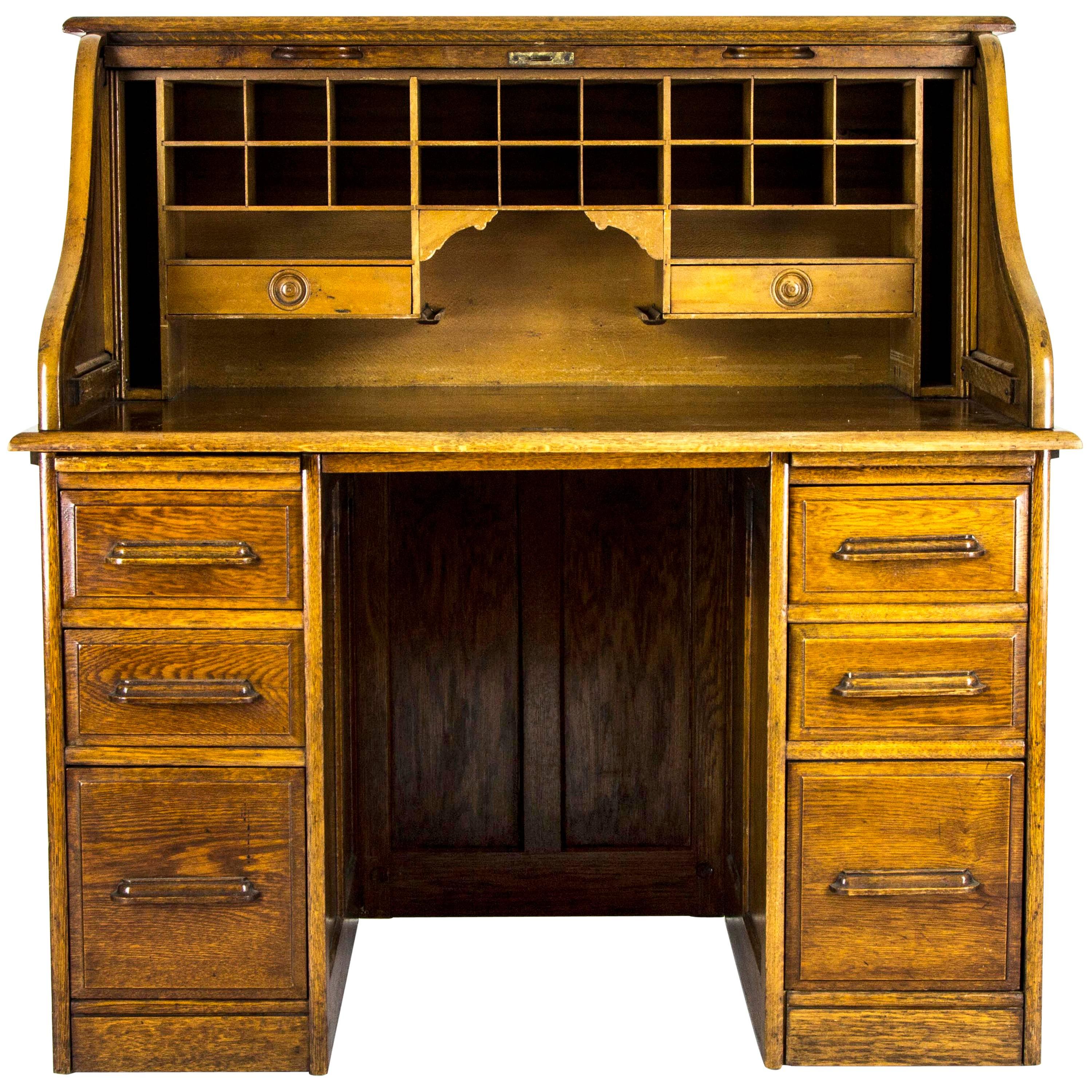 Antique Oak Roll Top Desk, Double Pedestal