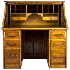 Antique Oak Roll Top Desk, Double Pedestal