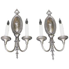 Pair of Sterling Bronze Company Two-Arm Antique Nickel Adam Style Wall Sconces