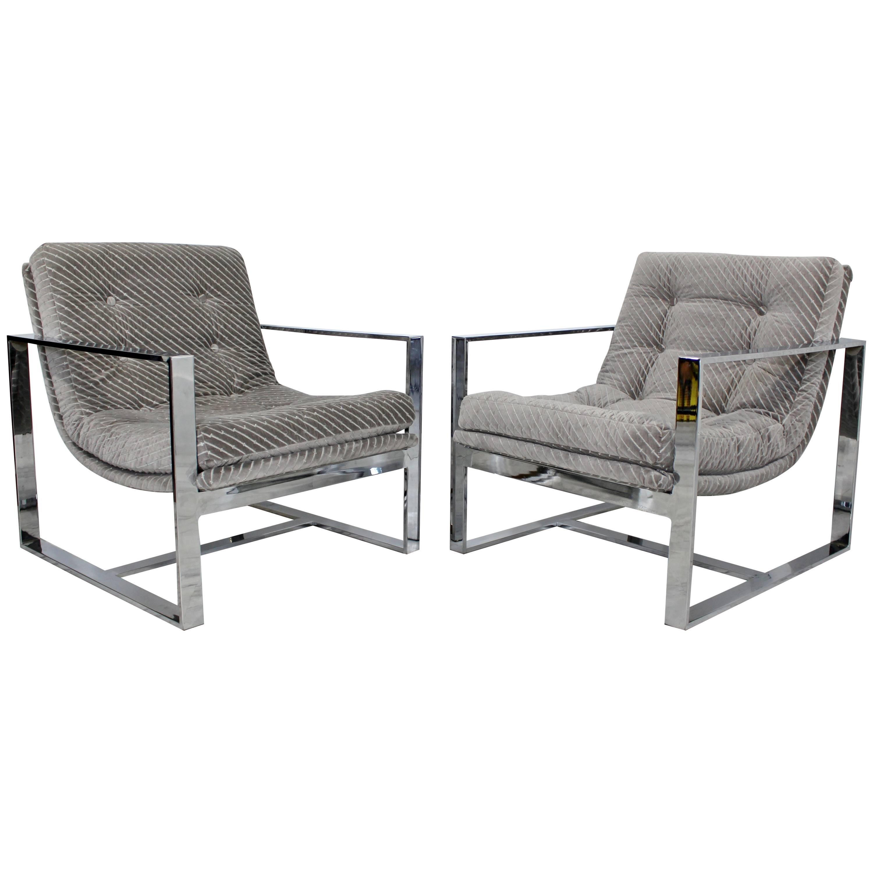 Mid-Century Modern Milo Baughman Attributed Flat Bar Scoop Lounge Chairs, Pair